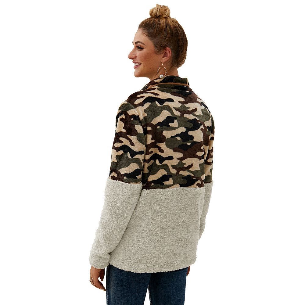 Warm fleece jacket for women with a camouflage design and high collar Lune London