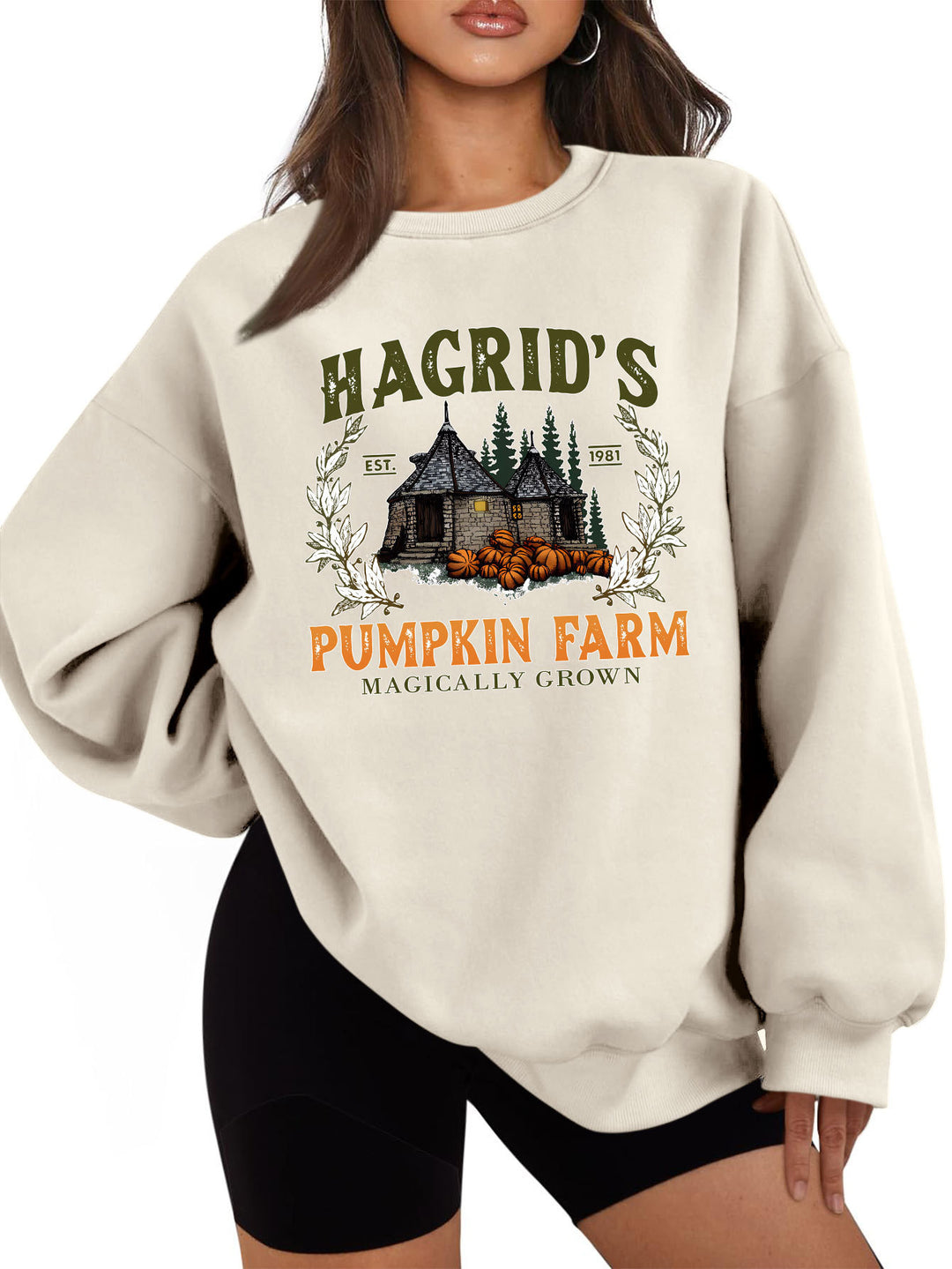 Sweat-shirt femme avec col rond confortable et motif citrouille d'automne Chic & Stil
