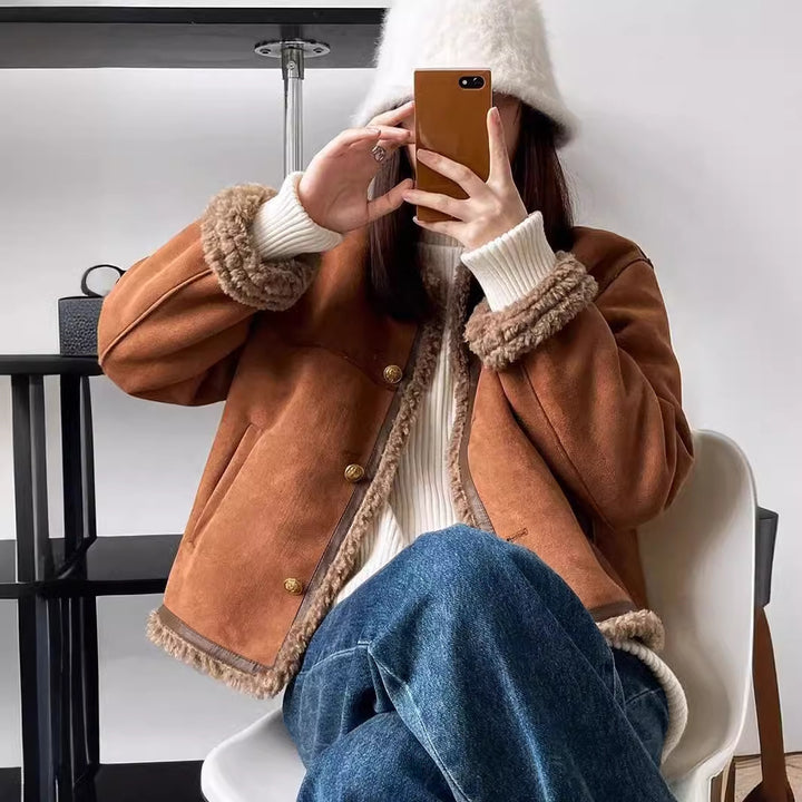 Women's faux leather jacket with cozy teddy lining Lune London