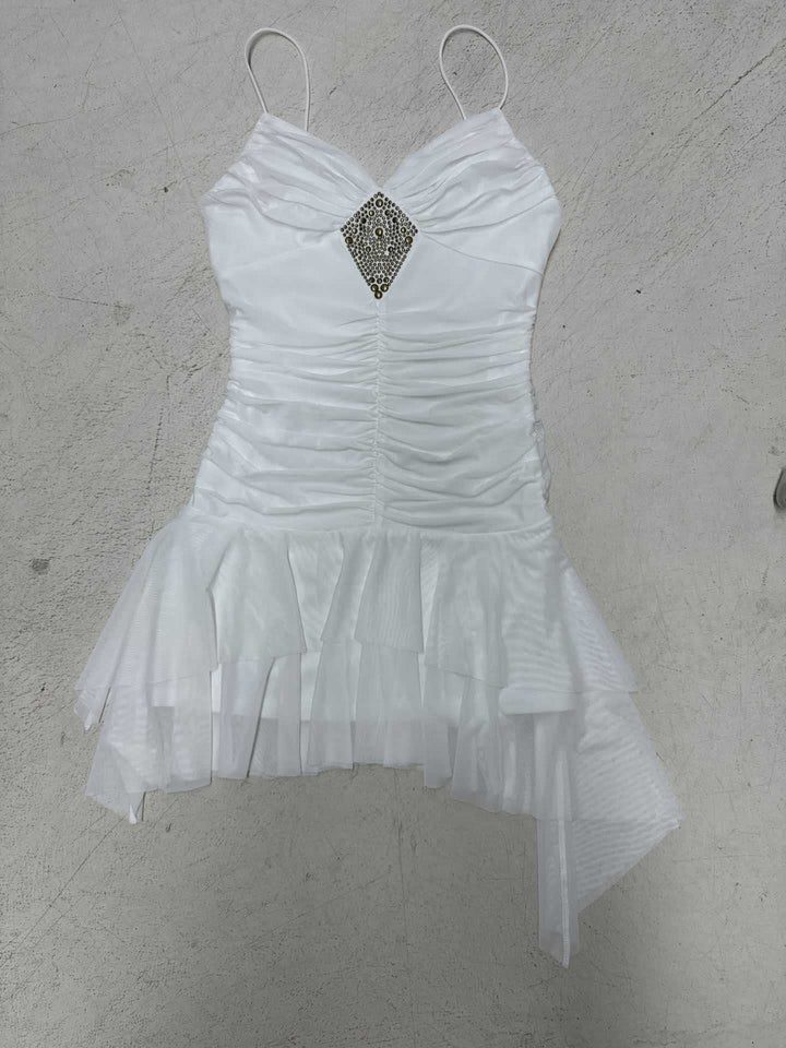 Ladies Elegant Evening Dress with Ruffle Details and Sparkling Jewelry Lune London