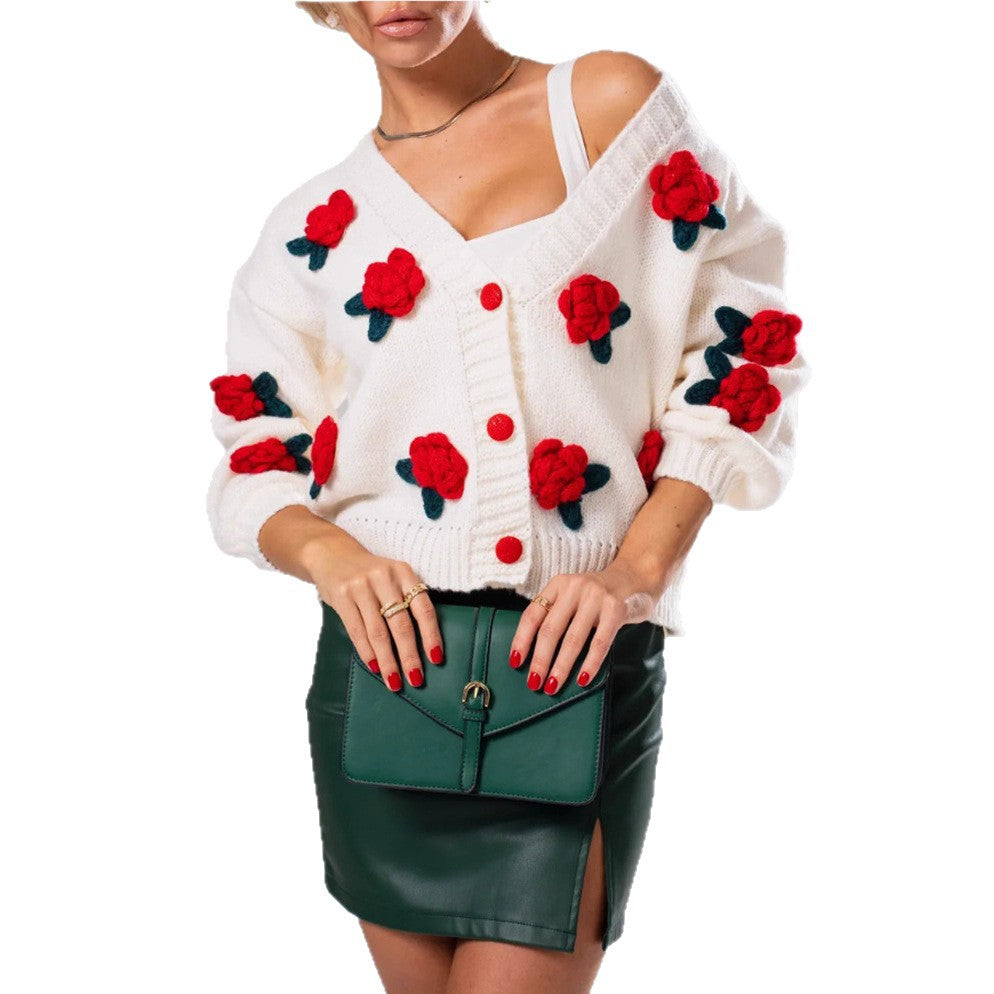 Ladies playful cardigan with floral appliqués Lune London