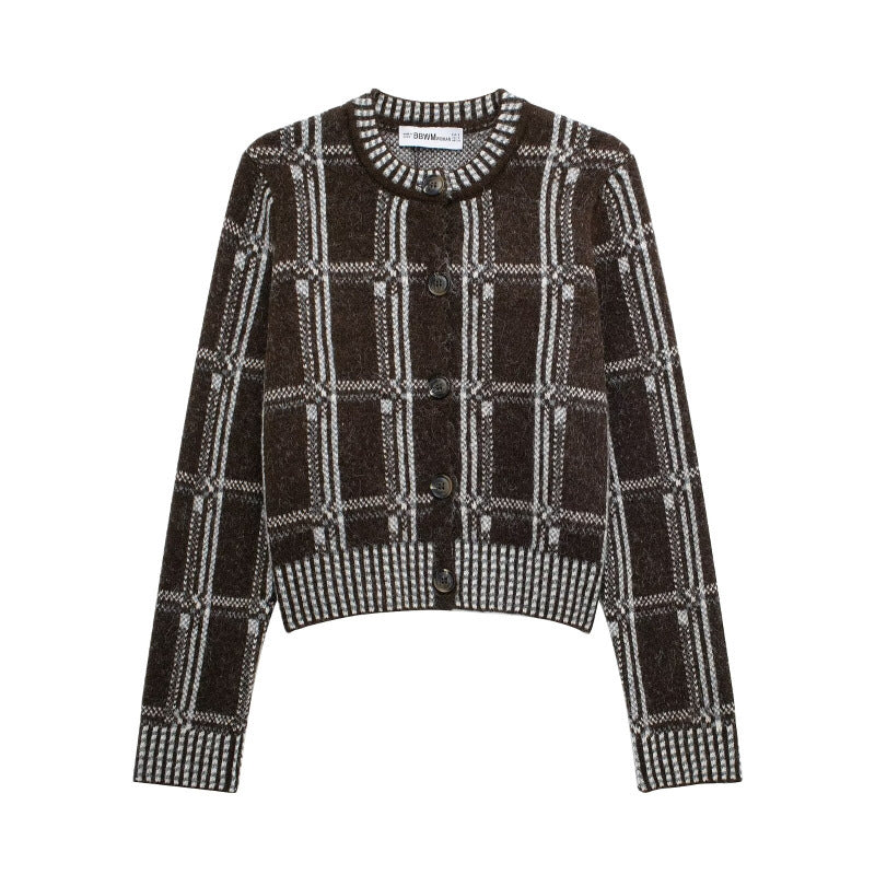 Knitted jacket for women with a modern check pattern and button closure Lune London
