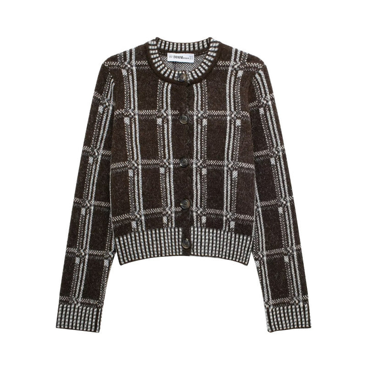 Knitted jacket for women with a modern check pattern and button closure Lune London