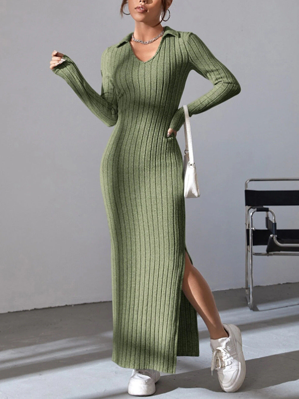 Ribbed long sleeve dress for women with slit and collar Lune London