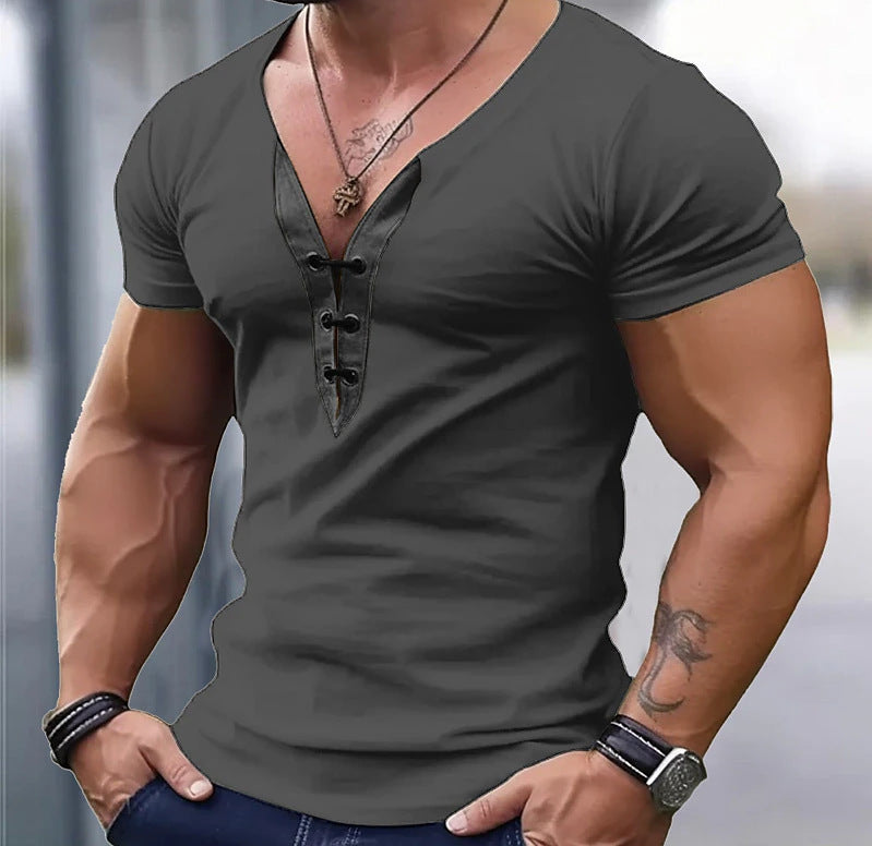 T-shirt tendance pour hommes à col en V avec boutonnière Lune London