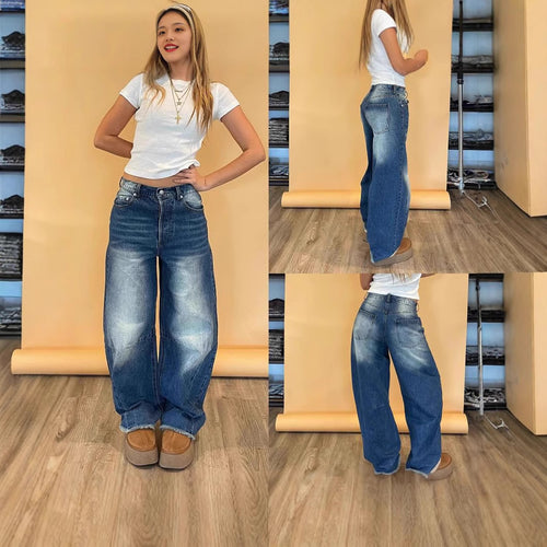 Ladies fashionable wide jeans with unique cut and high waistband Lune London