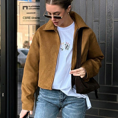 Suede fashion jacket for women with sporty cut and stylish zipper Lune London