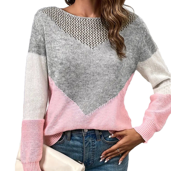 Ladies modern knit pullover with contrasting color blocks and V neck