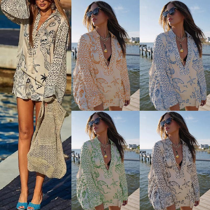 Casual beach blouse for women with an artistic nautical print and an elegant V neckline Lune London