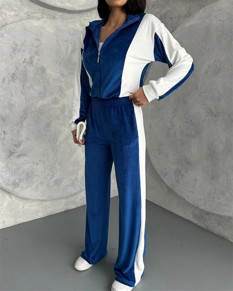 Lune London women's sporty velvet tracksuit with zipper and side stripes