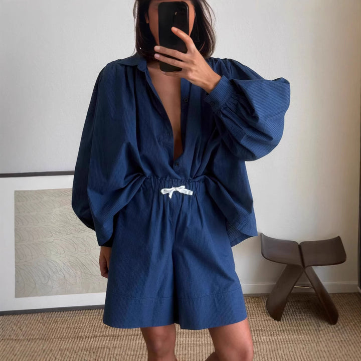 Woman casual outfit combined with loose blouse and shorts Lune London