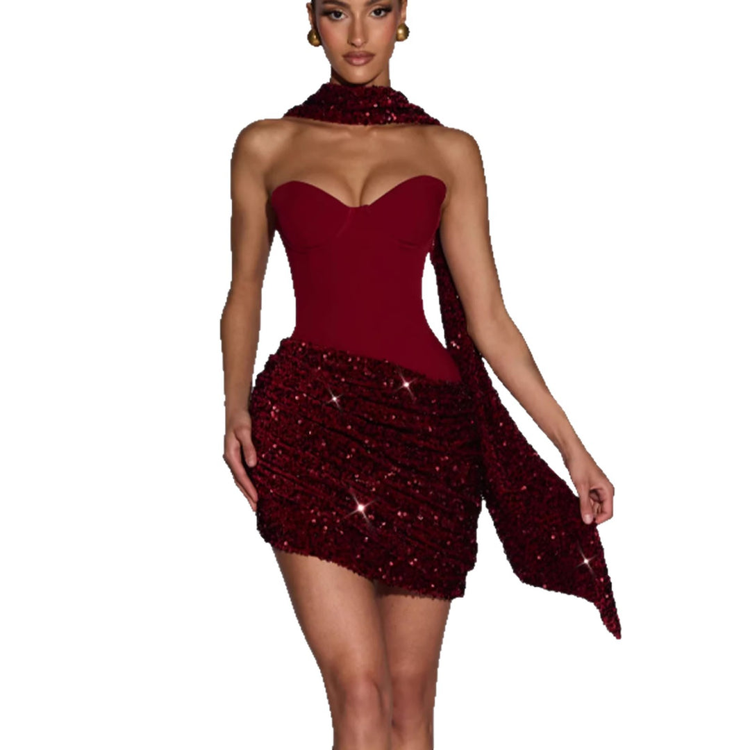 Ladies Glamorous Mini Dress with Figure-Hugging Bustier Top and Impressive Sequin Skirt Lune London