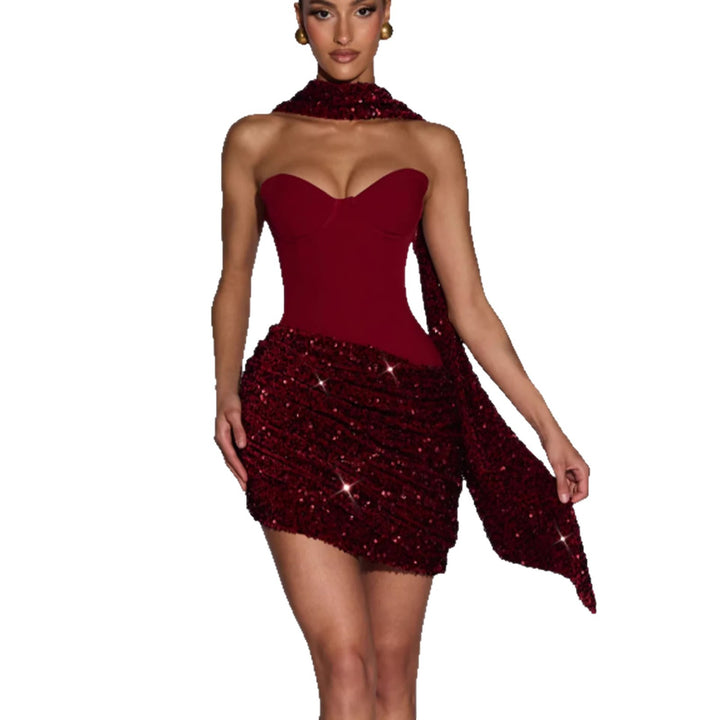 Ladies Glamorous Mini Dress with Figure-Hugging Bustier Top and Impressive Sequin Skirt Lune London