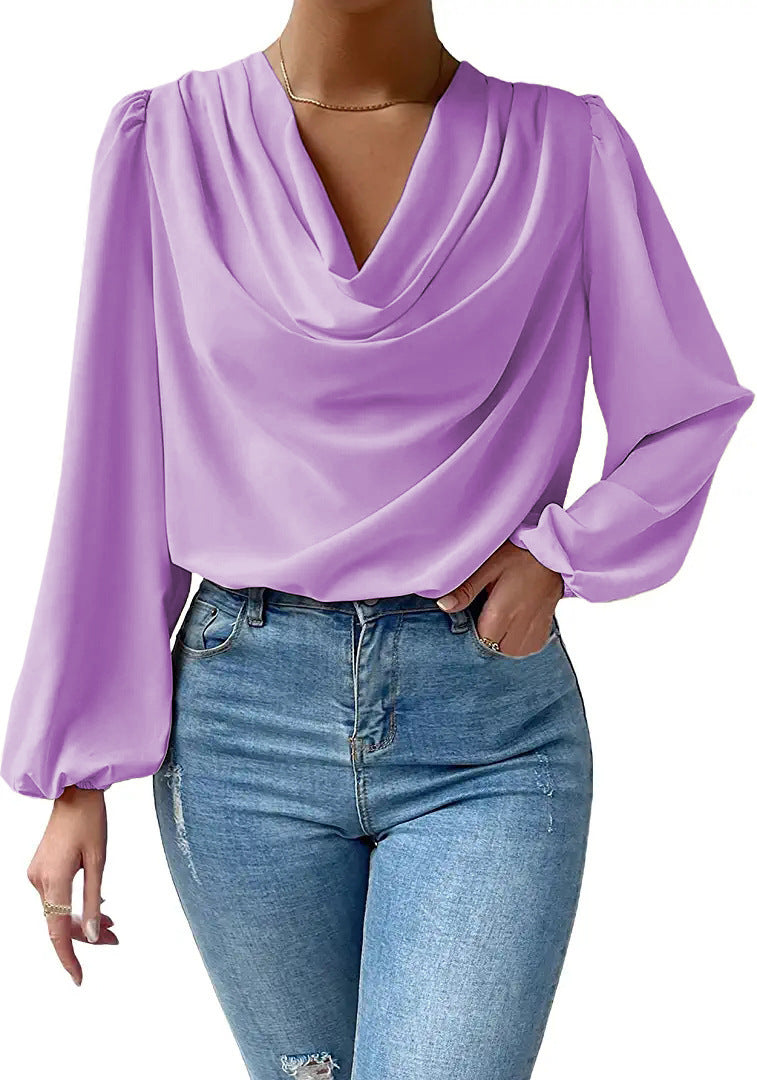 Elegant blouse for women with deep V-neck and casual puff sleeves Lune London
