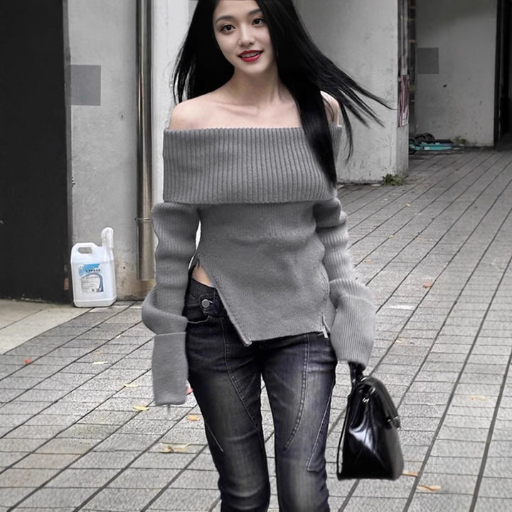 Women Knit Off-Shoulder Top with Longer Sleeves and Fine Ribbed Details Lune London