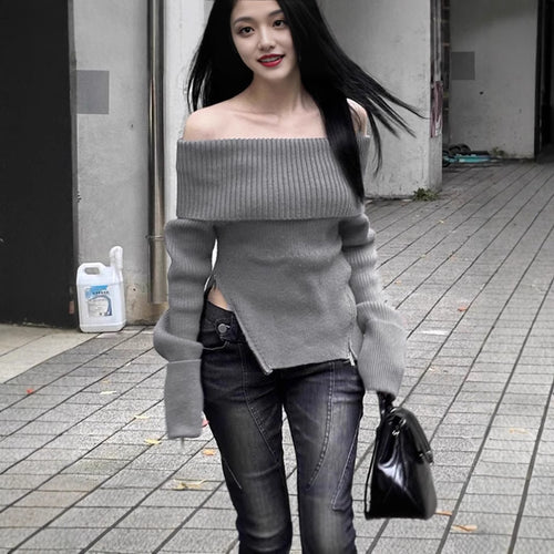 Women Knit Off-Shoulder Top with Longer Sleeves and Fine Ribbed Details Lune London