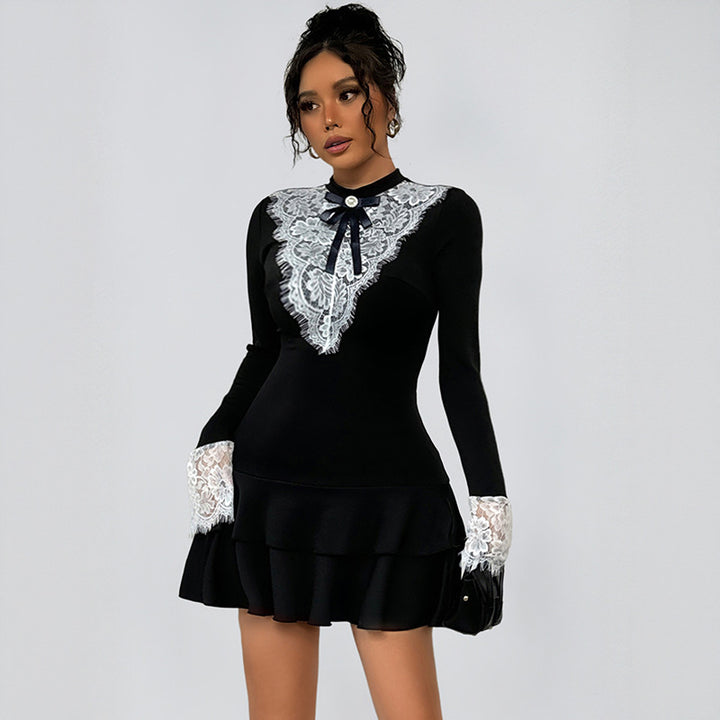 Elegant mini dress for women with lace collar and ruffle design Lune London
