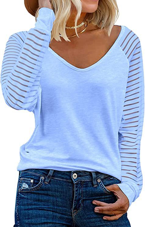 Woman V-neck top with transparent striped sleeves Lune London