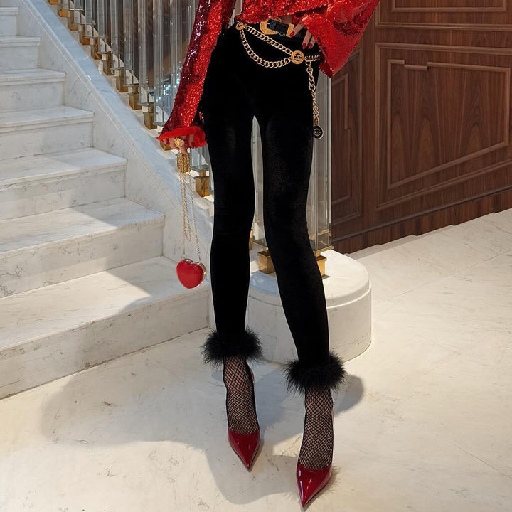 Elegant velvet leggings for women with remarkable faux fur details Lune London