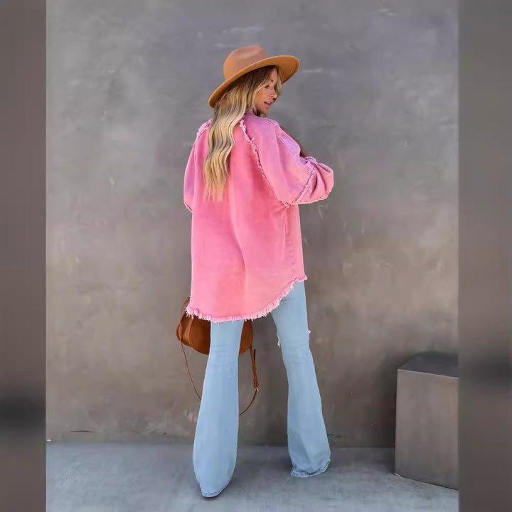 Plus size denim jacket for women with frayed details Lune London