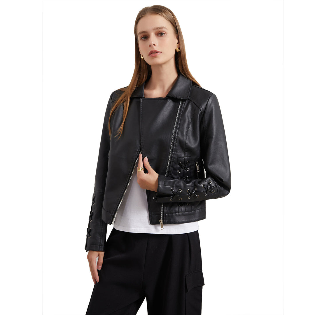 Ladies elegant biker jacket in faux leather with decorative lace details Lune London