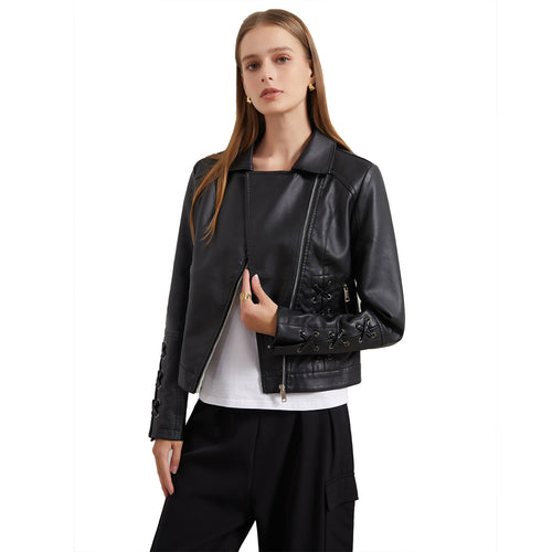 Ladies elegant biker jacket in faux leather with decorative lace details Lune London