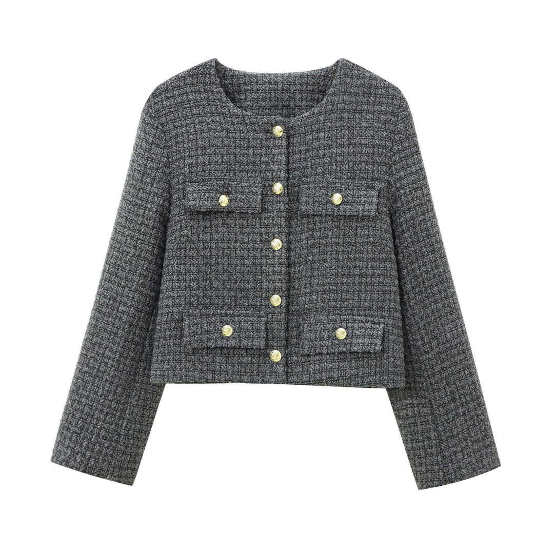 Elegant blazer jacket for women in structured tweed with decorative button details Lune London