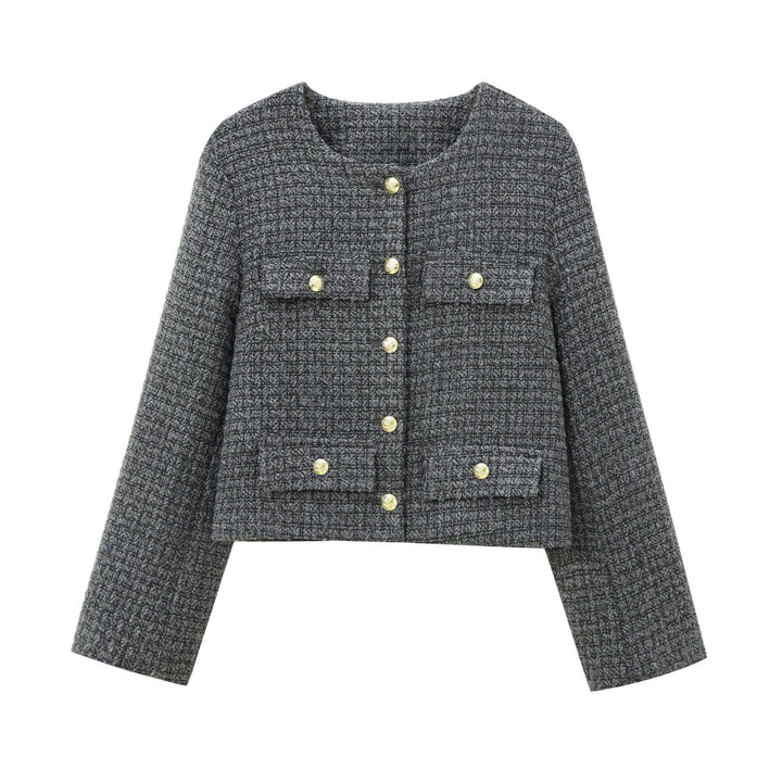 Elegant blazer jacket for women in structured tweed with decorative button details Lune London