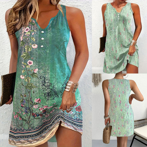 Women's sleeveless summer dress with trendy V-neck and button details Lune London