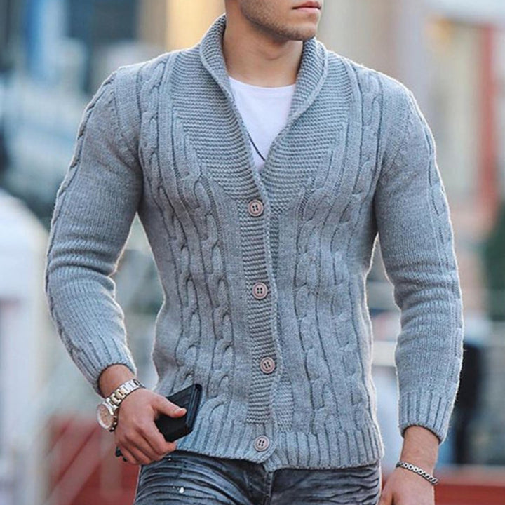 Men's knitted jacket with a unique cable pattern and a trendy shawl collar Lune London