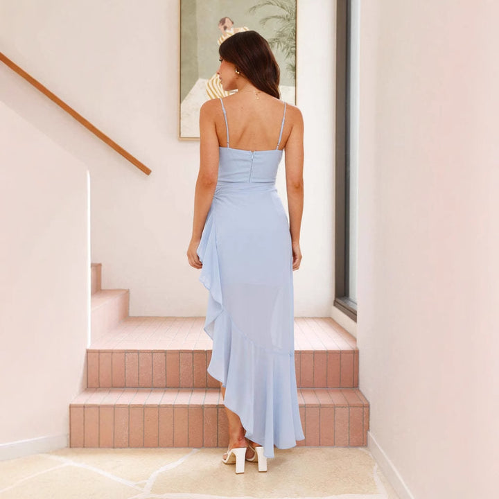Elegant Maxi Dress for Women with Asymmetric Cut and Chic Ruffles & Style