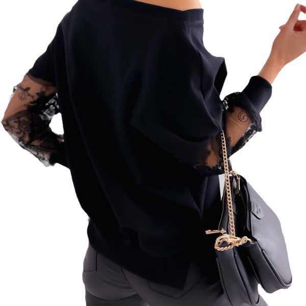Women Off-Shoulder Sweatshirt with Lace Sleeves Lune London