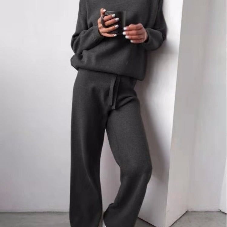 Women's Cozy Knit Loungewear Set with Wide Pants and Elegant Round Neck Lune London