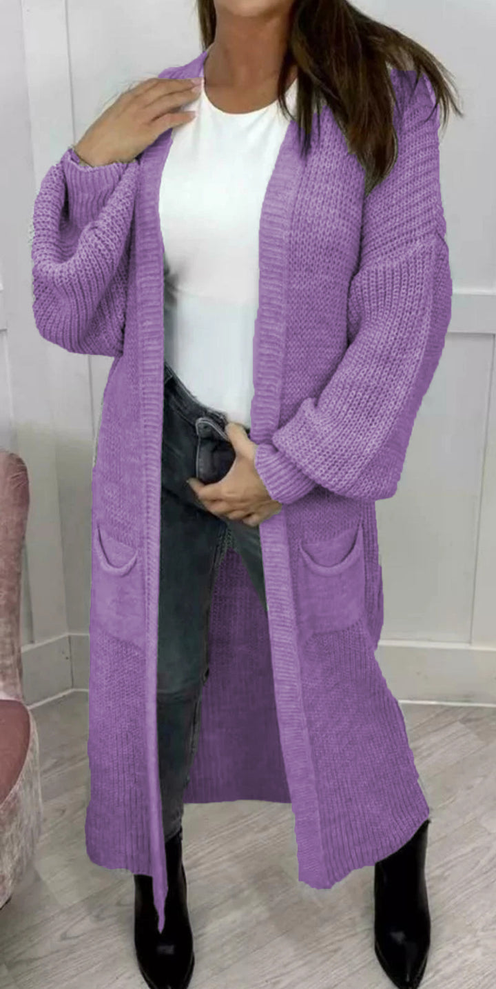Ladies Long knitted cardigan with a textured knit look and practical pockets Lune London