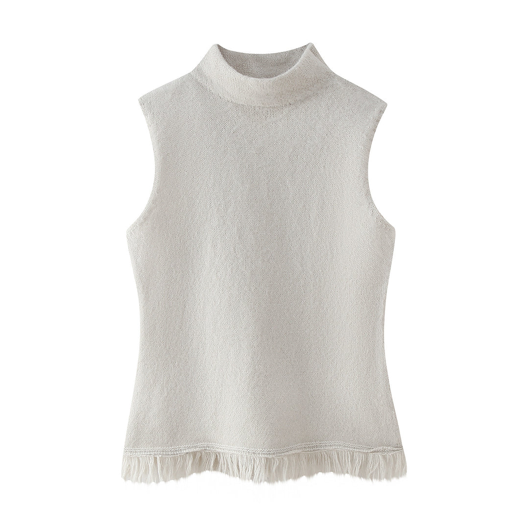Sleeveless mesh tank top for women with an elegant high collar and a fringed hem Lune London