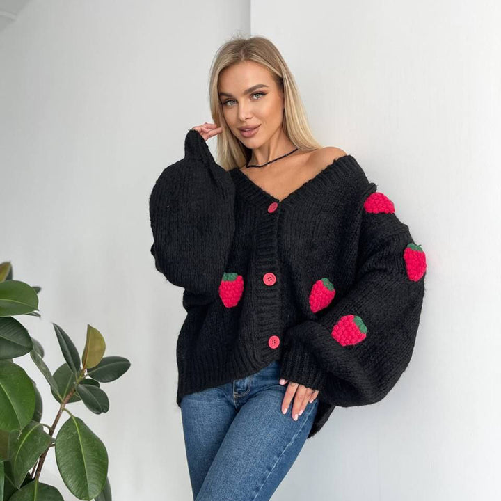 Women's knitted jacket with a playful strawberry pattern and wide sleeves Lune London