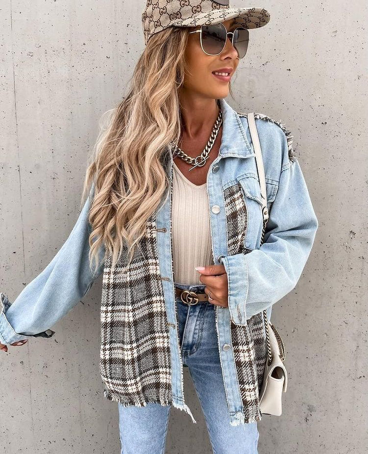 Veste en plaid à carreaux pour femmes avec coupe décontractée et tissus contrastants Chic & Stil