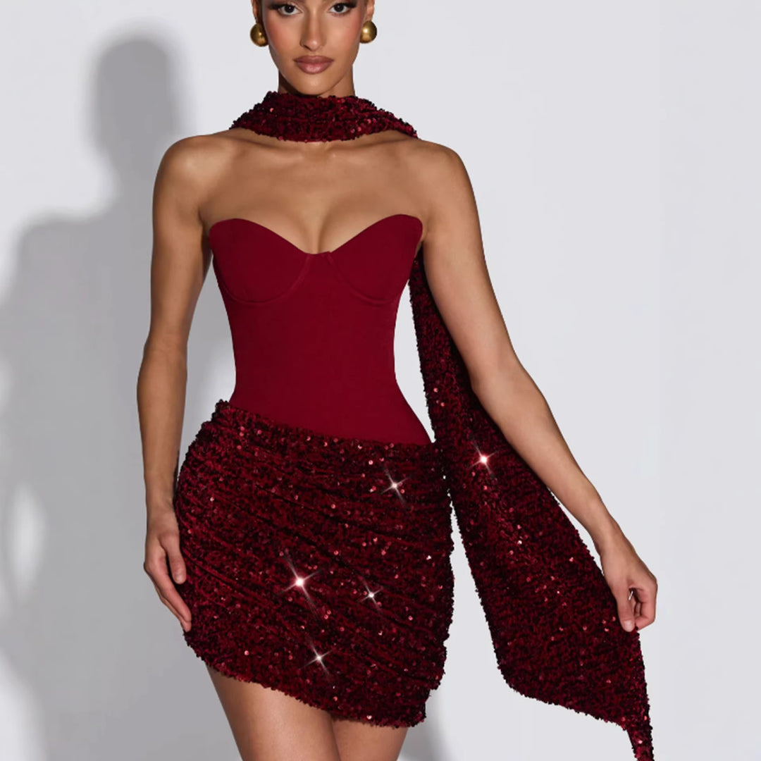 Ladies Glamorous Mini Dress with Figure-Hugging Bustier Top and Impressive Sequin Skirt Lune London