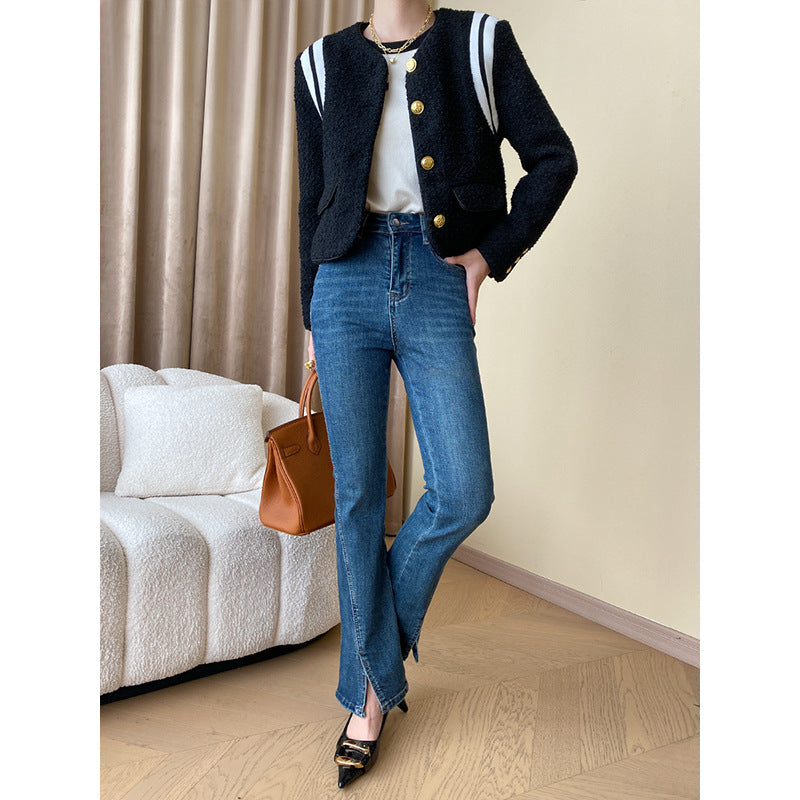 Women's Boucle Jacket with Golden Buttons and Stripes Chic & Stil