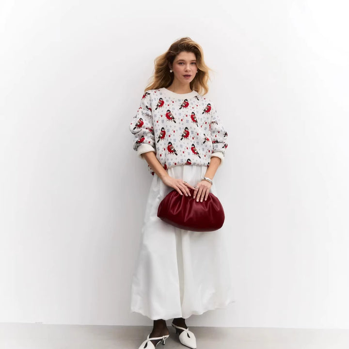 Dames Pull Confortable avec Motif Festif de Petits Oiseaux Chic & Stil