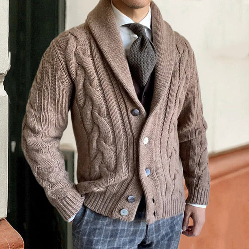 Coarse knit jacket for men with an elegant cable design and a modern collar Lune London