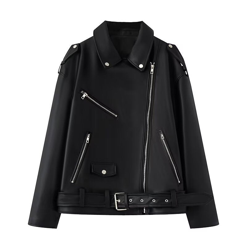 Faux leather motorcycle jacket for women with practical zip pockets and belt Lune London