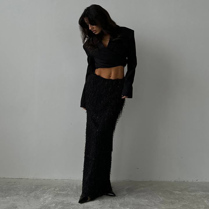 Elegant women's wrap top and maxi skirt with sparkling accents Lune London