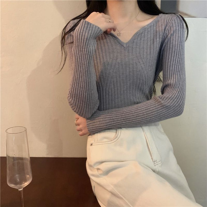 Pull en maille fine pour femmes en V avec structure côtelée Chic & Stil