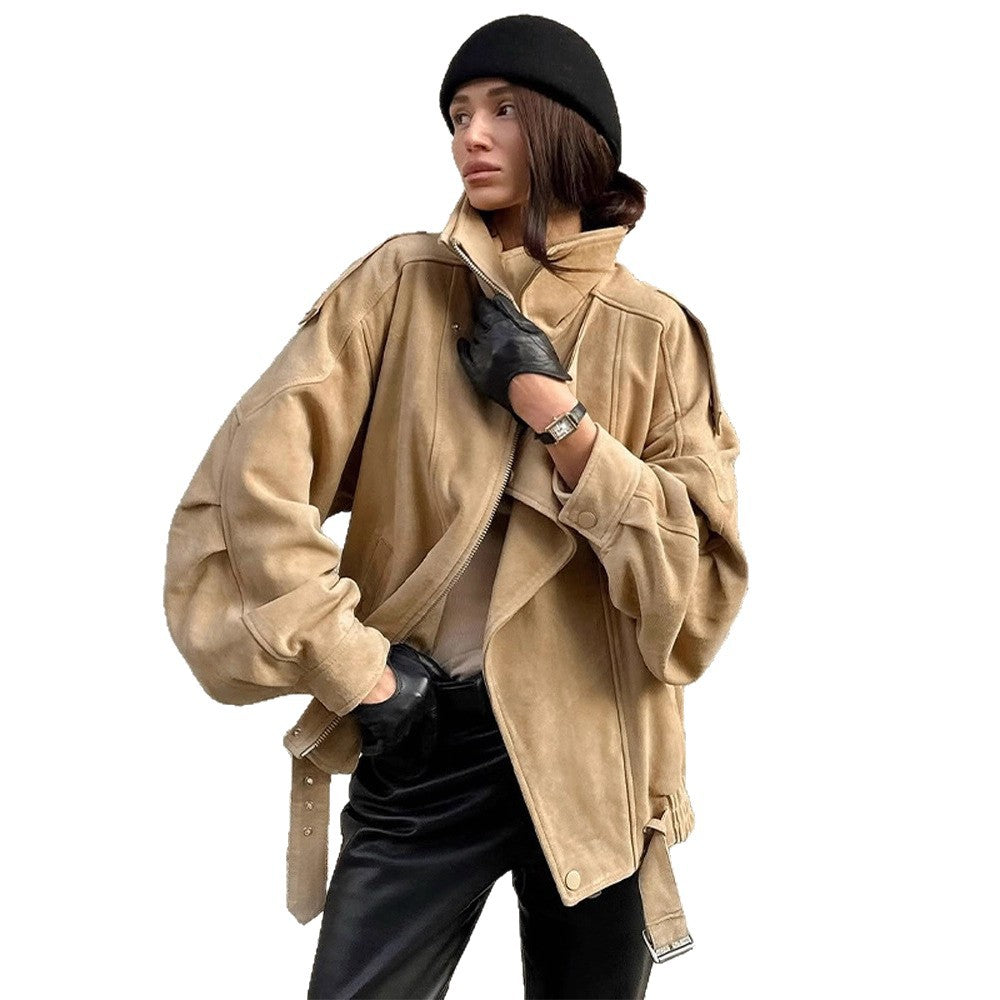 Lady Oversized Suede Jacket with Asymmetrical Cut and Chic Fashion Details