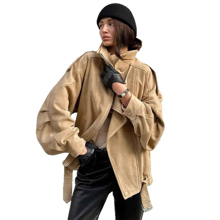 Lady Oversized Suede Jacket with Asymmetrical Cut and Chic Fashion Details
