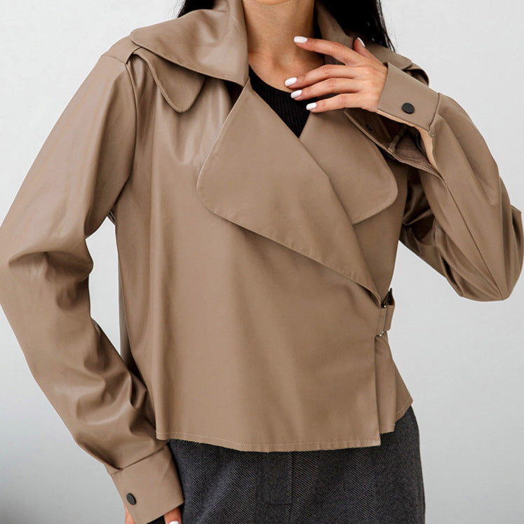Ladies trendy faux leather jacket with asymmetrical cut and wide collar Lune London