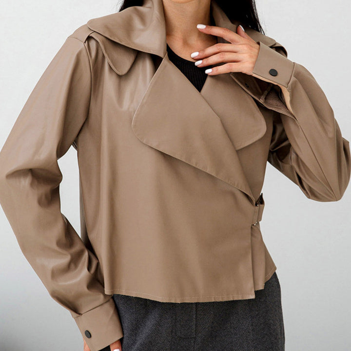 Ladies trendy faux leather jacket with asymmetrical cut and wide collar Lune London