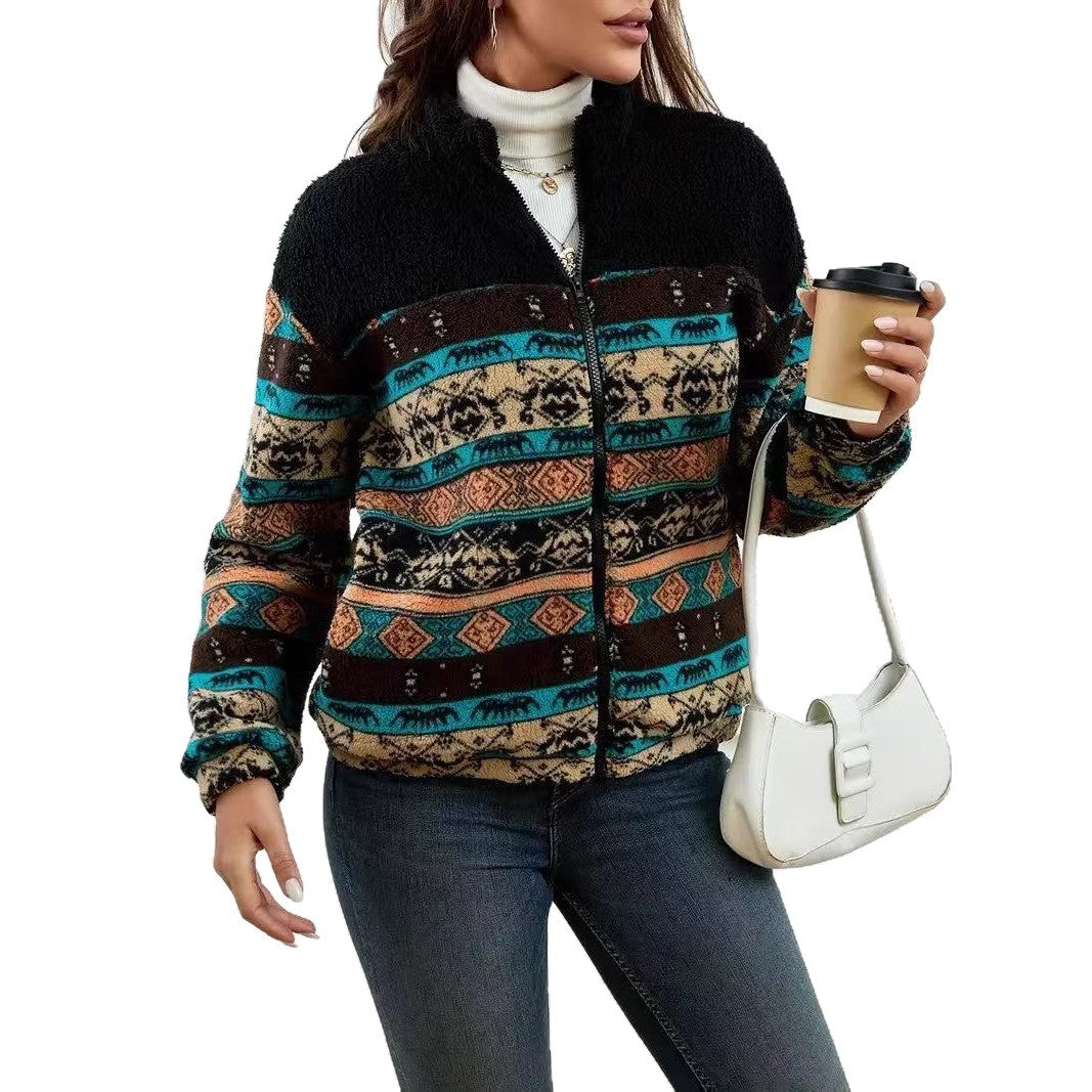 Fleece jacket for women with folk pattern and high collar Chic und Stil
