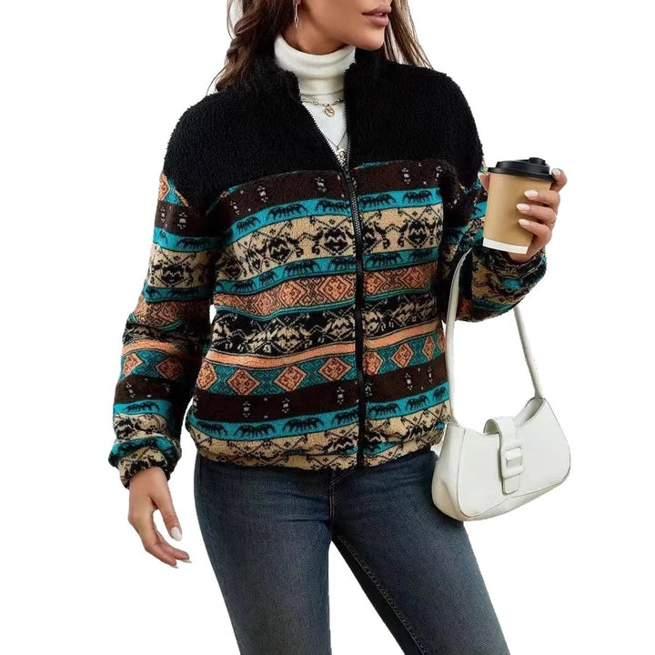 Fleece jacket for women with folk pattern and high collar Chic und Stil